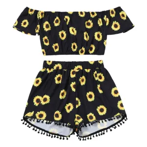 2021 News!!! Women's Off Shoulder Sunflower Print Two-piece Swimwear Sizes S - XL