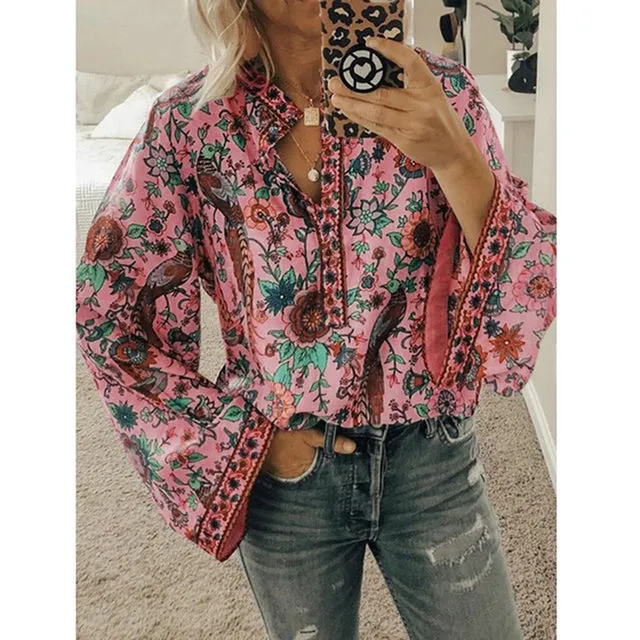 2022 Women Boho Print Blouses Casual Loose Tops Stand V Neck Long Sleeves Button Blouse