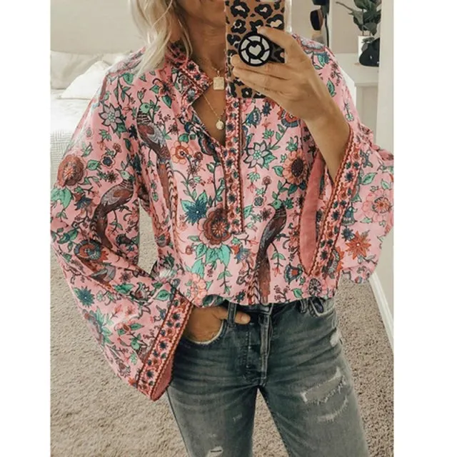 2022 Women Boho Print Blouses Casual Loose Tops Stand V Neck Long Sleeves Button Blouse