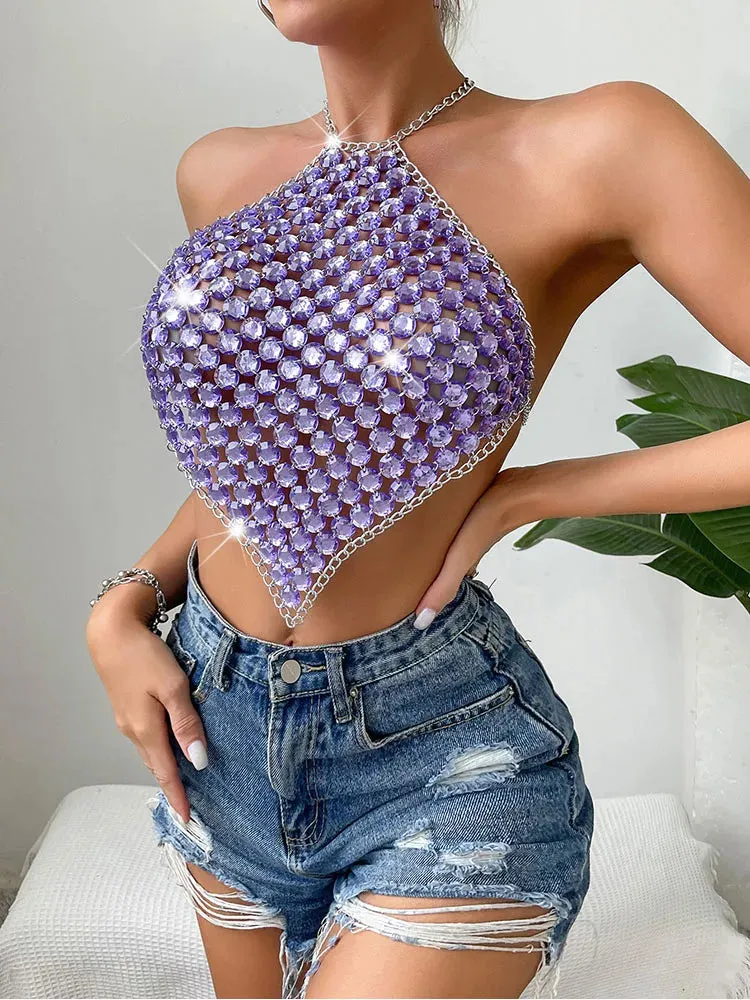 2024 Purple Metal Chain Halter Rave Tank Top