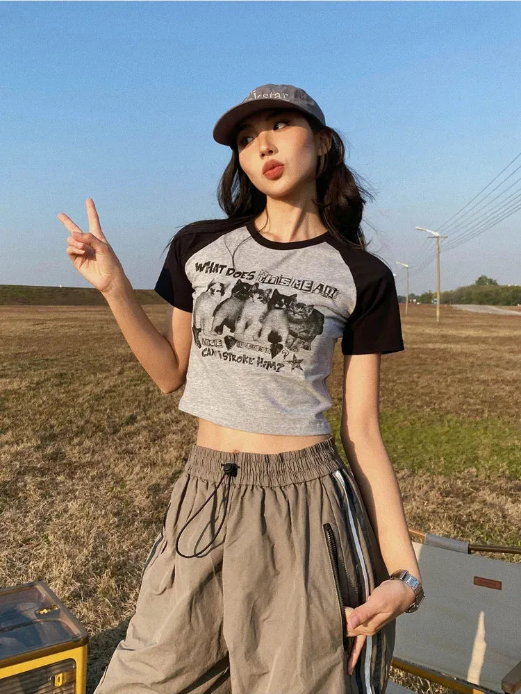 2024 Y2K Cat Print Crop Top for Women