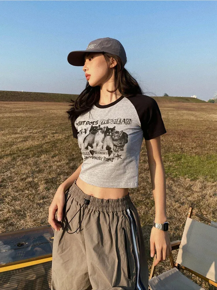 2024 Y2K Cat Print Crop Top for Women