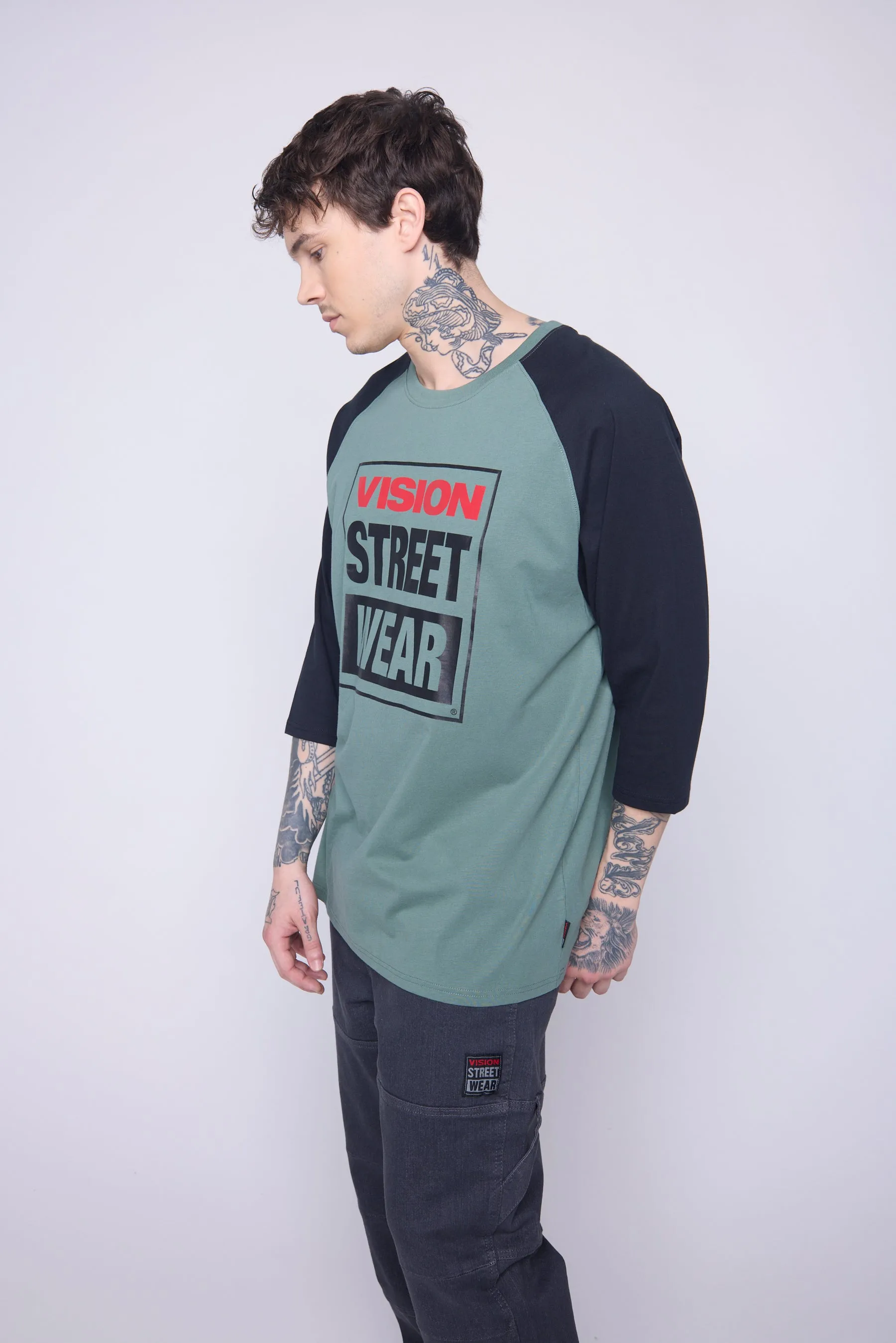 3/4 Raglan Sleeve Box Logo Print - Moss