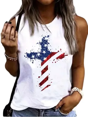 AD Star & Stripe Print Crew Neck Tank Top M