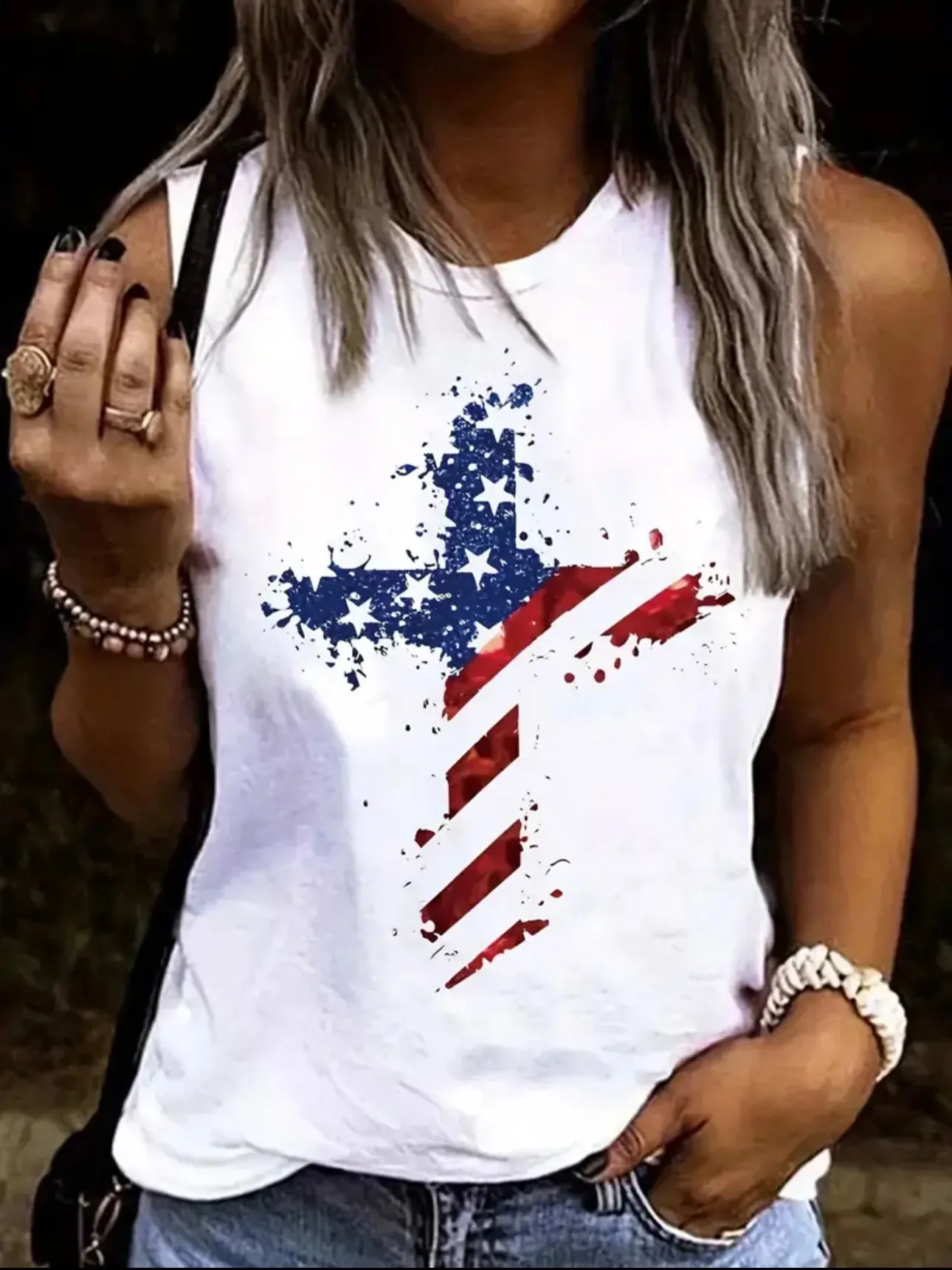 AD Star & Stripe Print Crew Neck Tank Top M