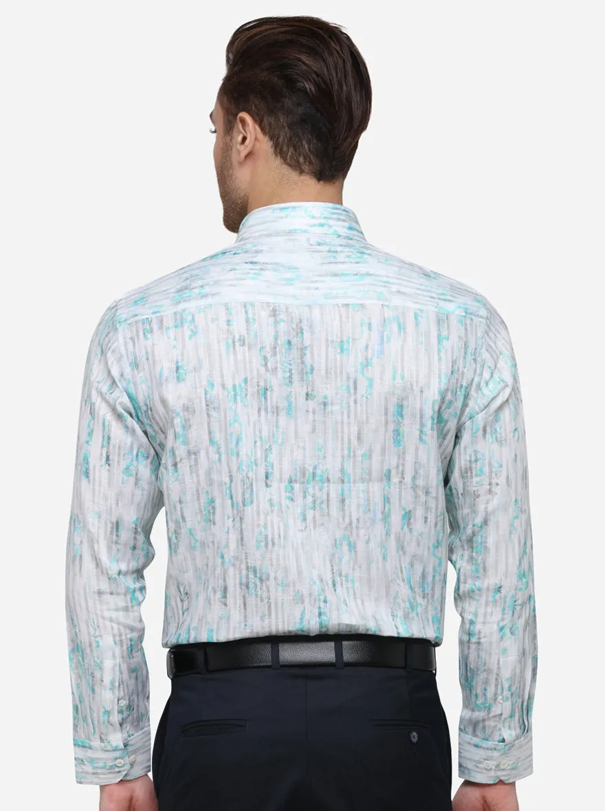 Aqua Blue & White Printed Slim Fit Formal Shirt | JadeBlue