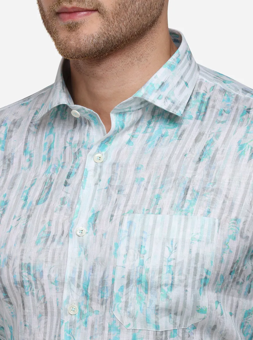 Aqua Blue & White Printed Slim Fit Formal Shirt | JadeBlue