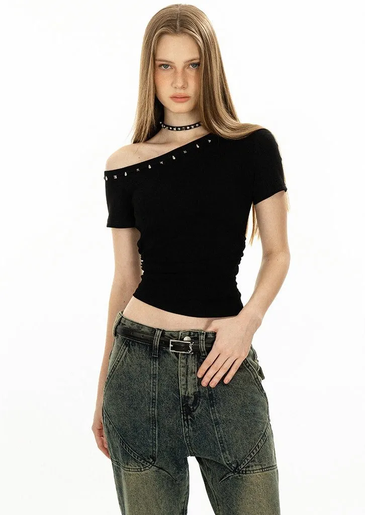 Asymmetric Studded Neckline Crop Top