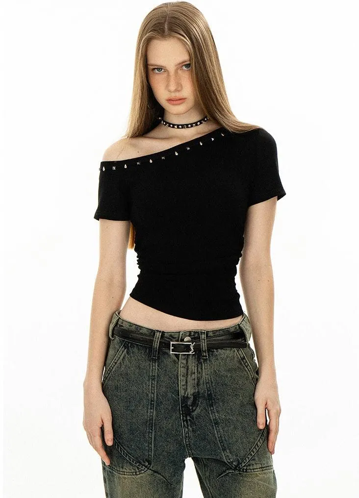 Asymmetric Studded Neckline Crop Top