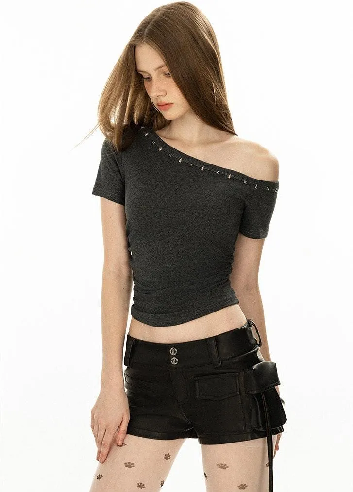 Asymmetric Studded Neckline Crop Top