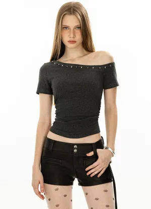 Asymmetric Studded Neckline Crop Top