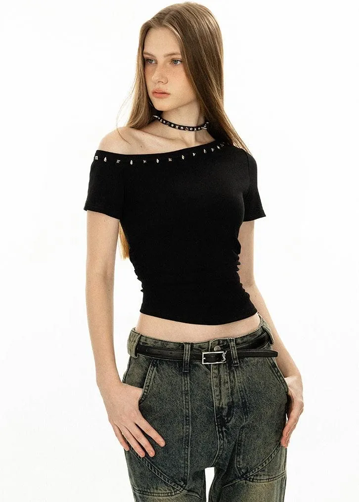 Asymmetric Studded Neckline Crop Top