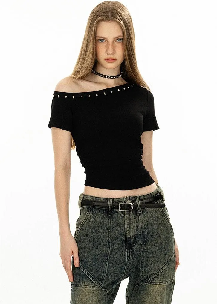 Asymmetric Studded Neckline Crop Top