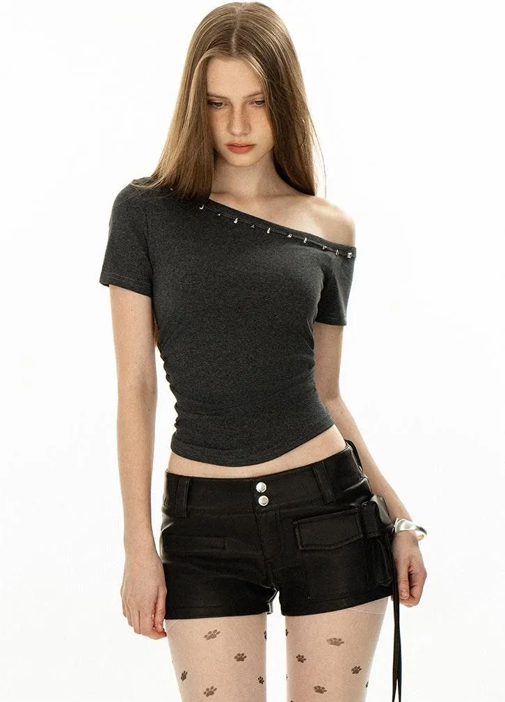 Asymmetric Studded Neckline Crop Top