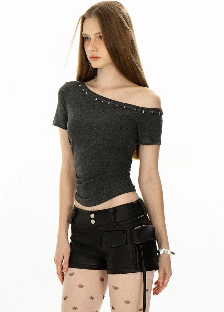 Asymmetric Studded Neckline Crop Top