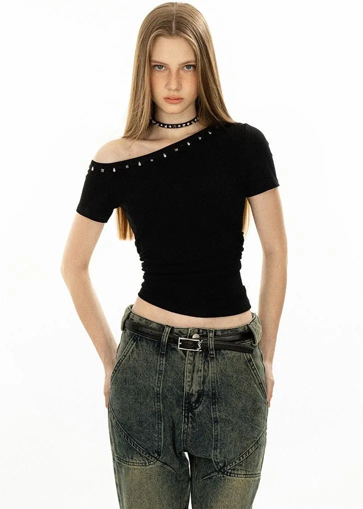 Asymmetric Studded Neckline Crop Top