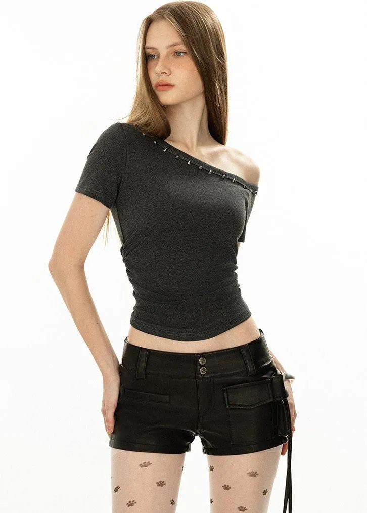 Asymmetric Studded Neckline Crop Top