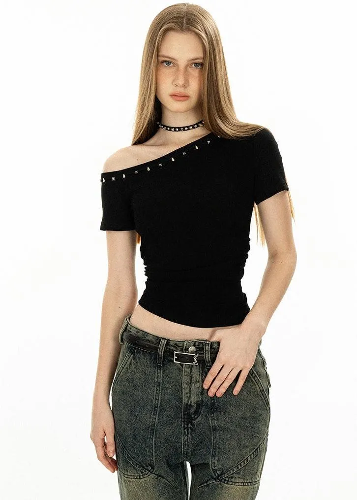 Asymmetric Studded Neckline Crop Top