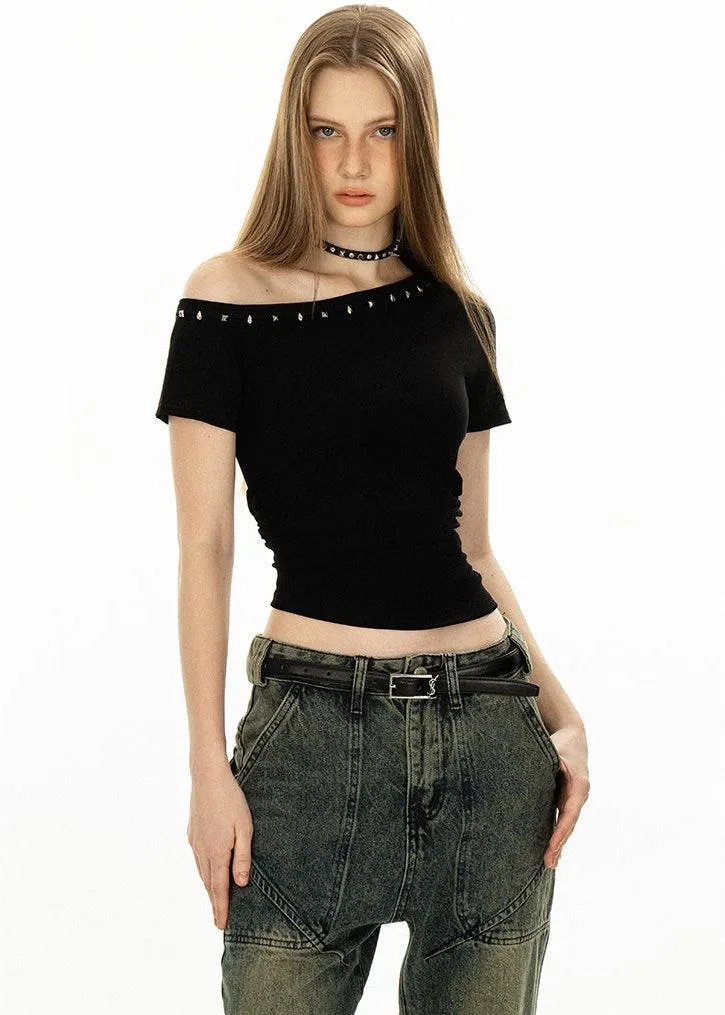 Asymmetric Studded Neckline Crop Top