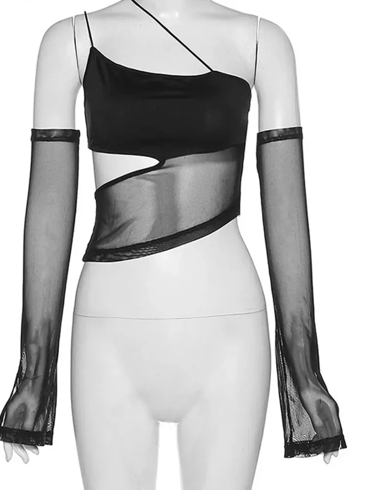 Asymmetrical Cut Out Mesh Sleeves Fairy Grunge Transparent Tank Crop Tops