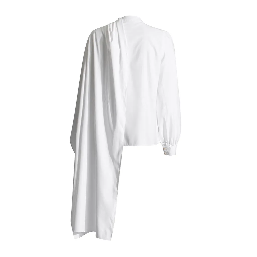 Asymmetrical Gathered Draped Mock Neck Button Up Long Sleeve Blouse