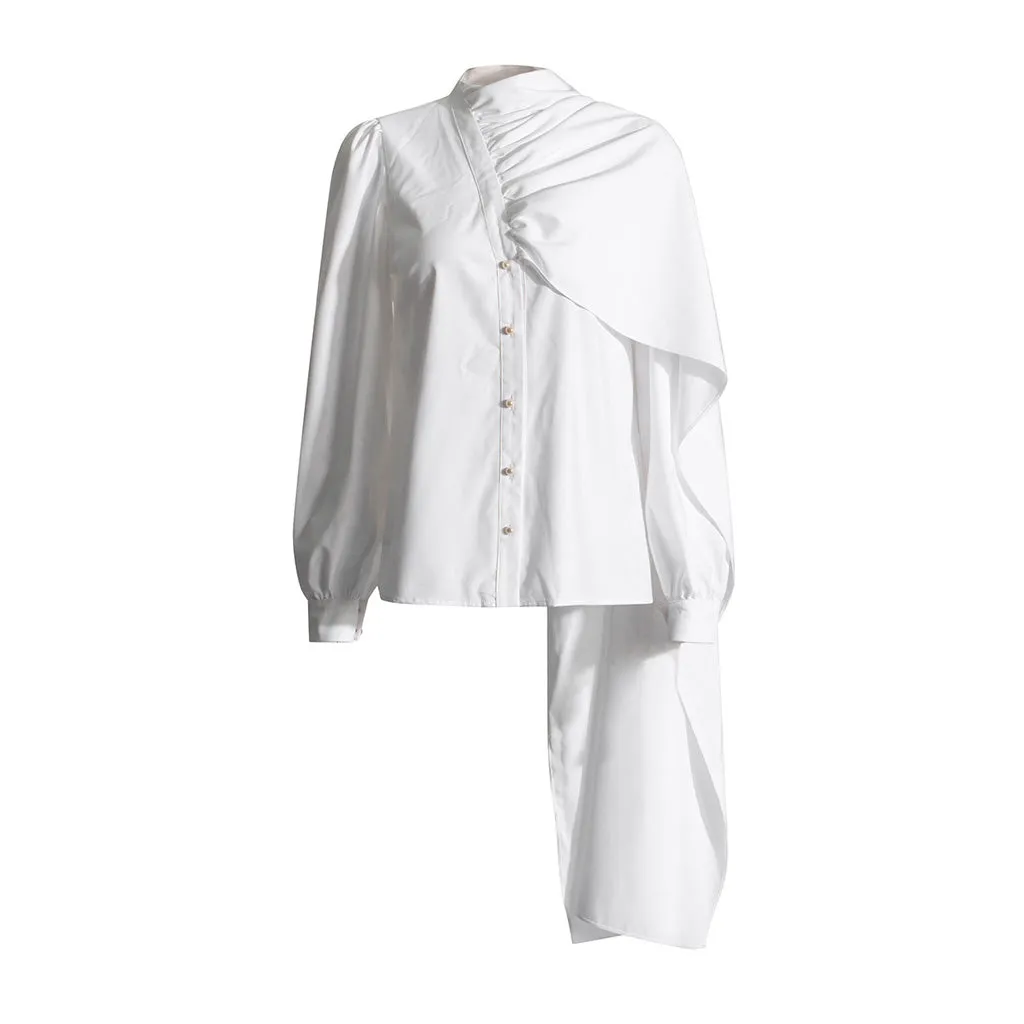 Asymmetrical Gathered Draped Mock Neck Button Up Long Sleeve Blouse