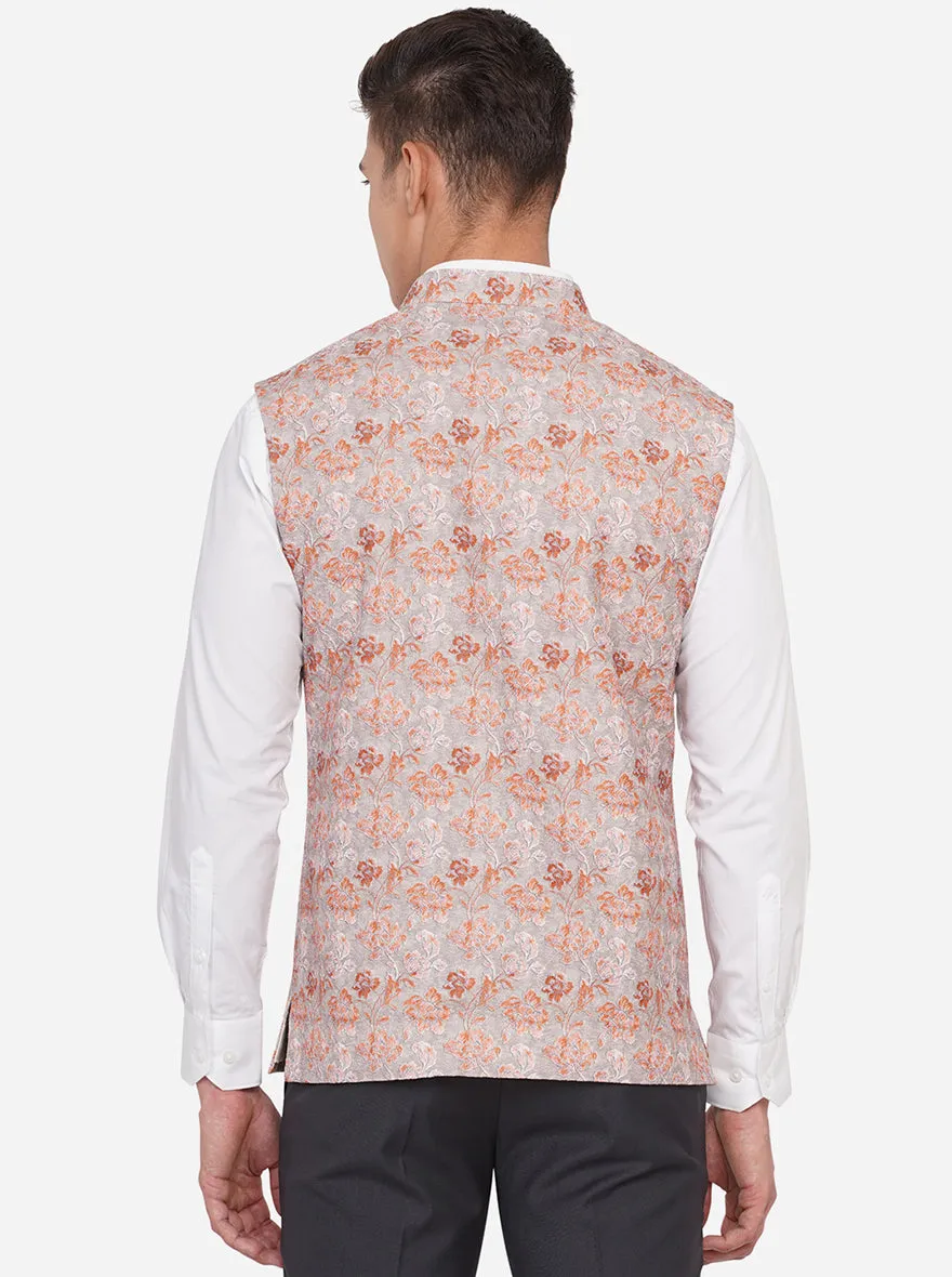 Beige & Orange Printed Regular Fit Bandhgala Jacket | JB Studio