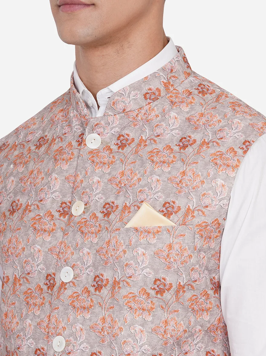 Beige & Orange Printed Regular Fit Bandhgala Jacket | JB Studio