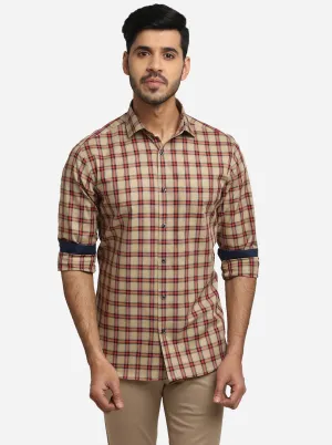 Beige & Red Checked Slim Fit Formal Shirt | Greenfibre