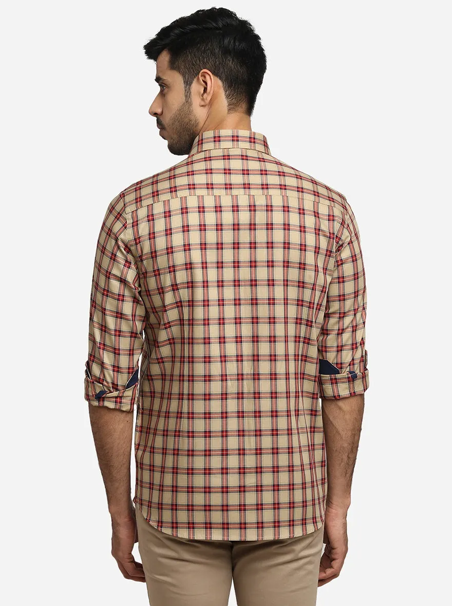 Beige & Red Checked Slim Fit Formal Shirt | Greenfibre