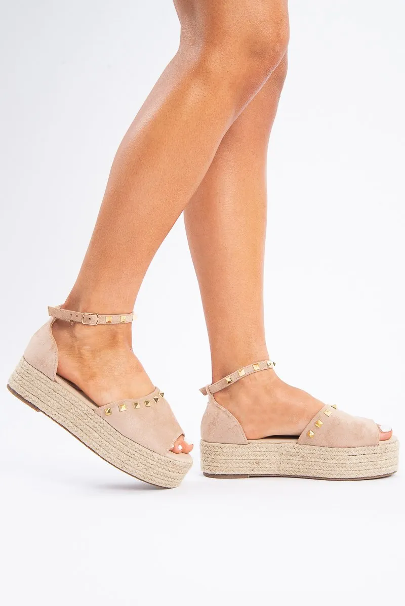 Beige Gold Studded Platform Wedges - Camry