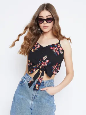 Berrylush Women Black & Red Floral Printed Tie-Up Crop Top