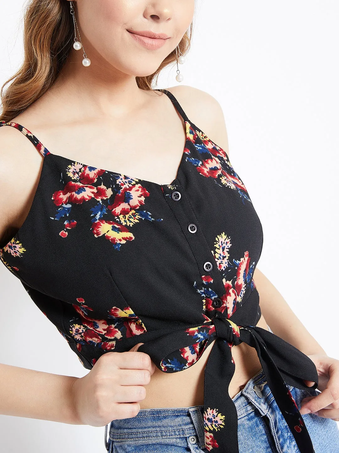 Berrylush Women Black & Red Floral Printed Tie-Up Crop Top