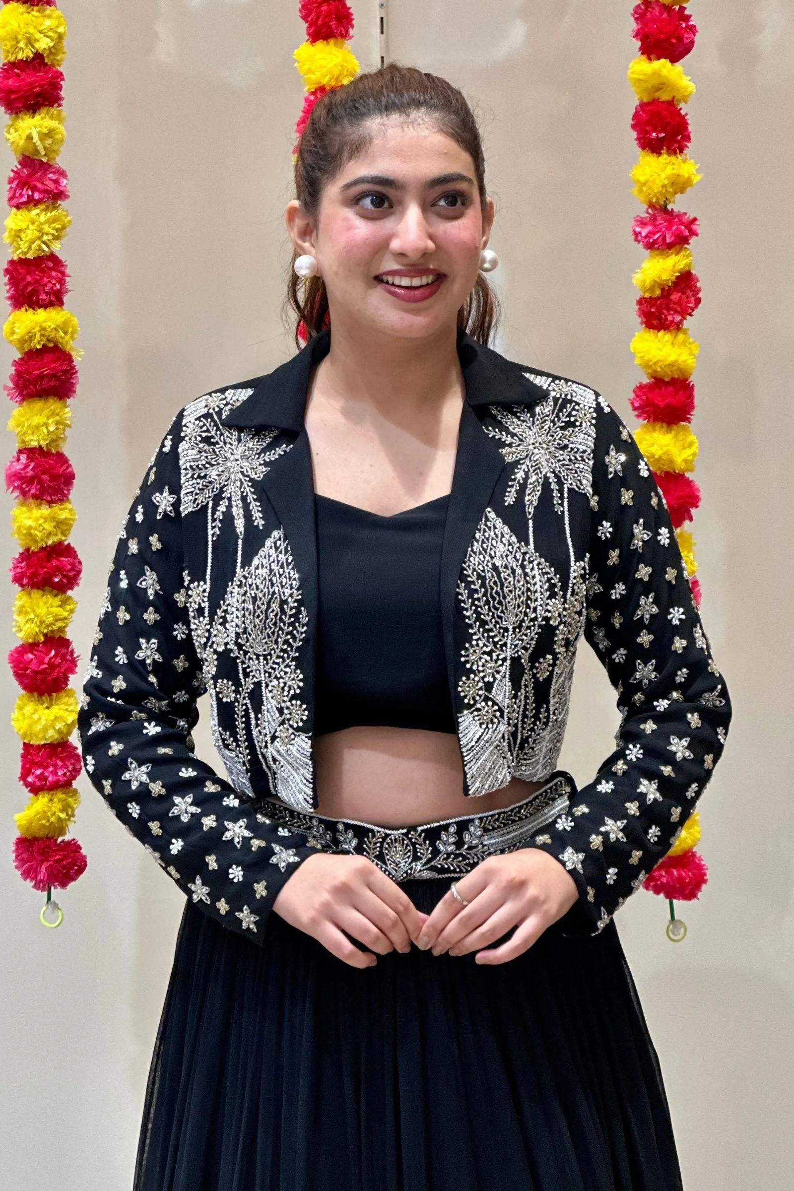 Black Sequins and Beads work Jacket Styled Crop Top Lehenga