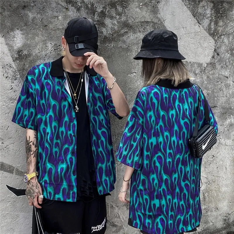 Blue Flame Print Harajuku Shirt Mens Hip Hop Streetwear Hawaiian Shirt Fashion Oversized Short Sleeve Korean Tops