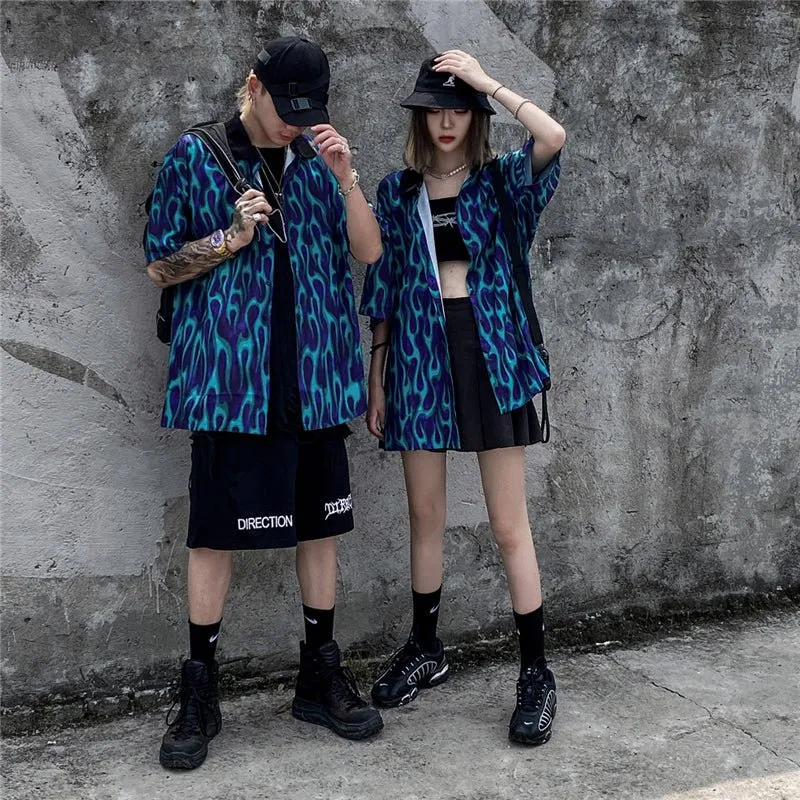 Blue Flame Print Harajuku Shirt Mens Hip Hop Streetwear Hawaiian Shirt Fashion Oversized Short Sleeve Korean Tops