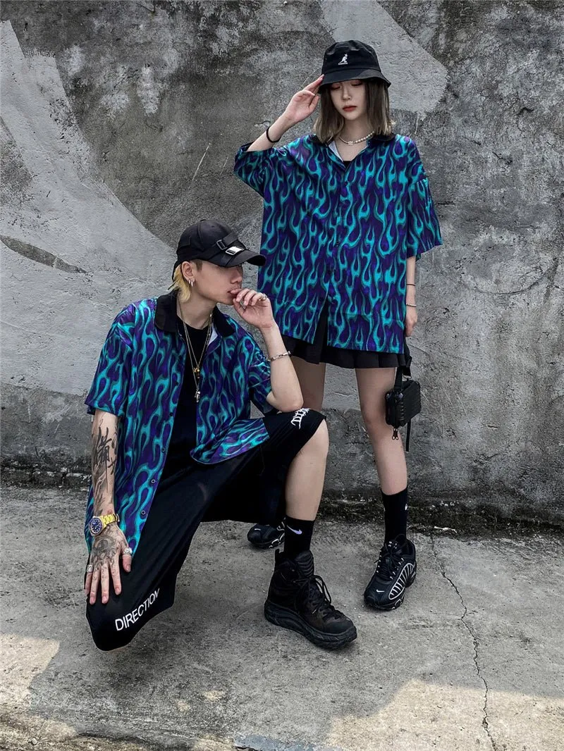 Blue Flame Print Harajuku Shirt Mens Hip Hop Streetwear Hawaiian Shirt Fashion Oversized Short Sleeve Korean Tops