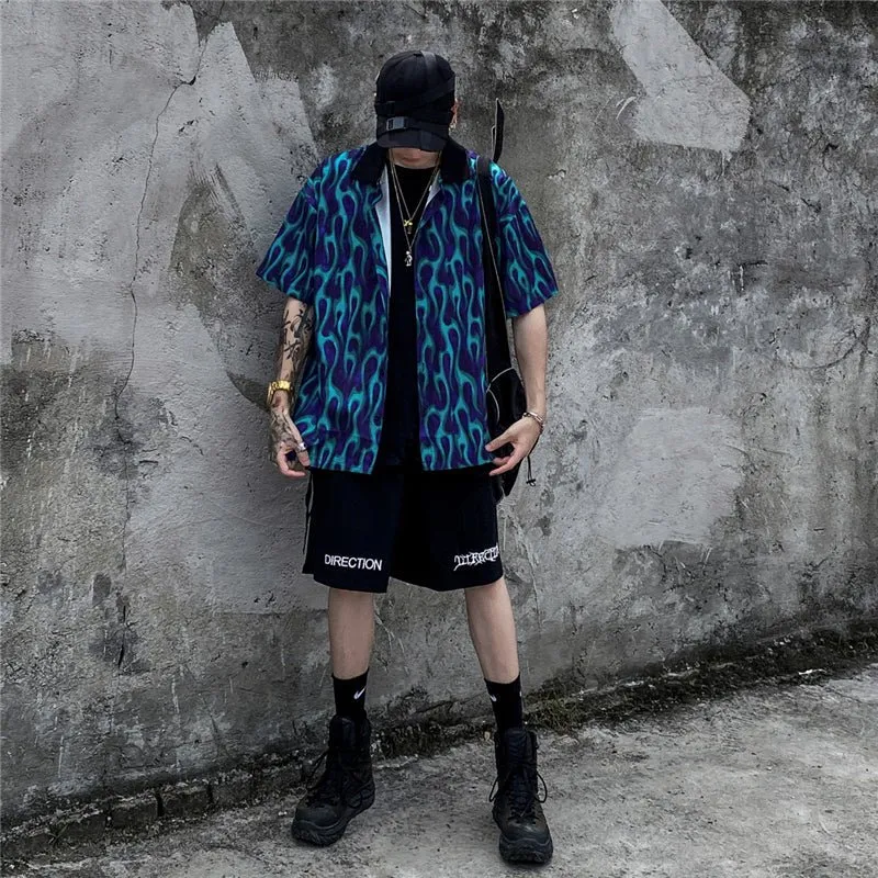 Blue Flame Print Harajuku Shirt Mens Hip Hop Streetwear Hawaiian Shirt Fashion Oversized Short Sleeve Korean Tops