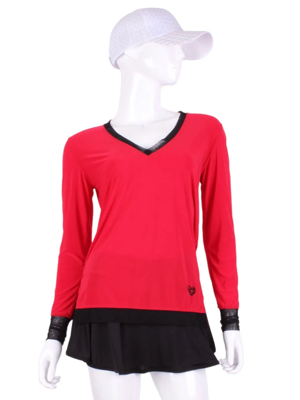 Bright Red Long Sleeve Very Vee Tee w/ Black Mesh