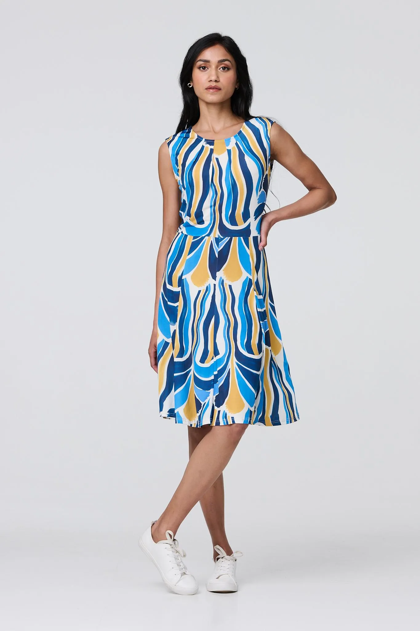 Brushstroke Print Sleeveless Knee Length Dress