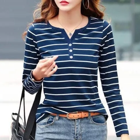 Button up Striped long Sleeved Top - S-5XL - 4 Colors