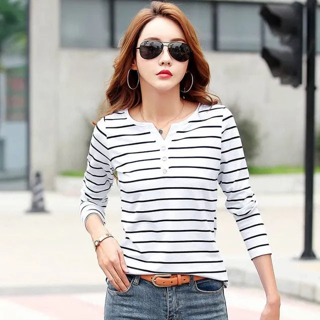 Button up Striped long Sleeved Top - S-5XL - 4 Colors