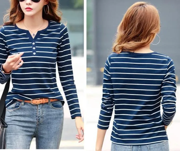 Button up Striped long Sleeved Top - S-5XL - 4 Colors