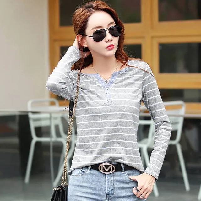 Button up Striped long Sleeved Top - S-5XL - 4 Colors