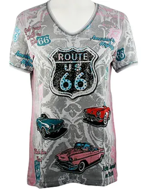 Cactus Bay Apparel - America's Highway, Short Sleeve V-Neck Rhinestone Cotton Top