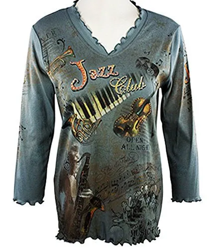 Cactus Fashion - Jazz Club, 3/4 Sleeve, V-Neck Cotton Print Rhinestone Top