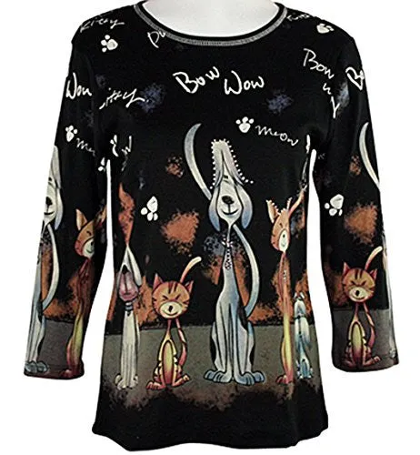 Cactus Fashion - Puppy & Kitty, 3/4 Sleeve, Scoop Neck, Cotton Print Rhinestone Top