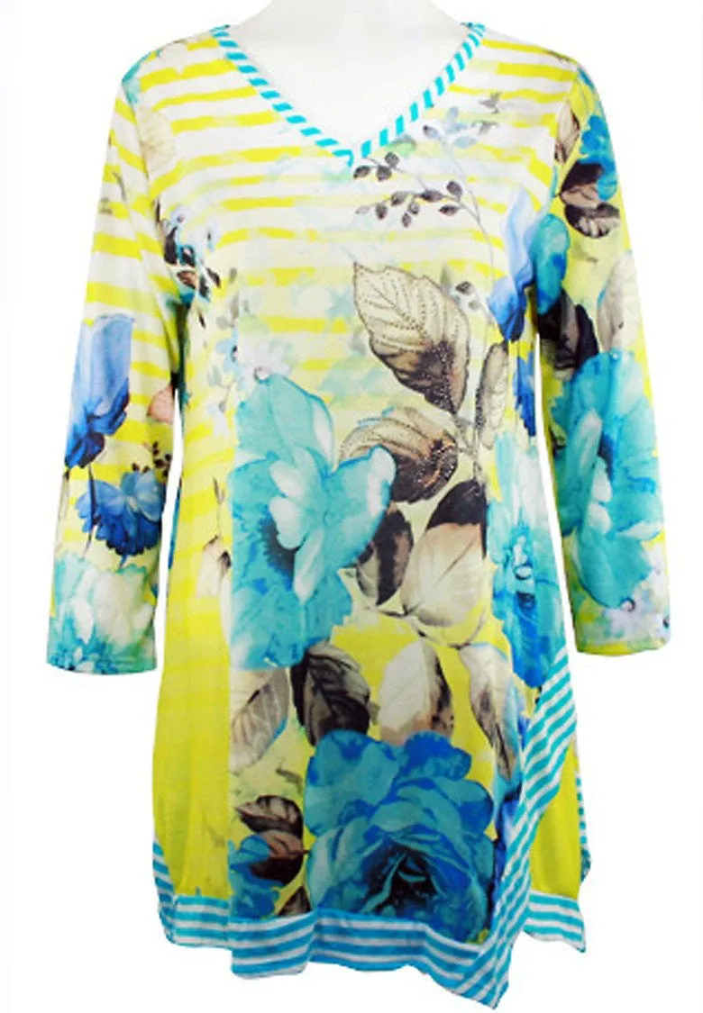 Cactus Fashion - Striped Blue Flowers, 3/4 Sleeve V-Neck, Rhinestone Print Tunic