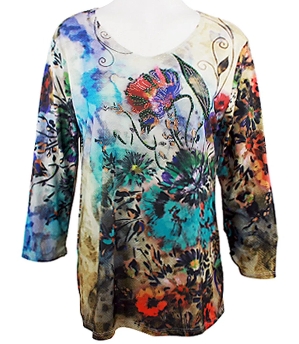 Cactus Fashion - Thursday Morn, Scoop Neck Sublimation Print Rhinestone Top