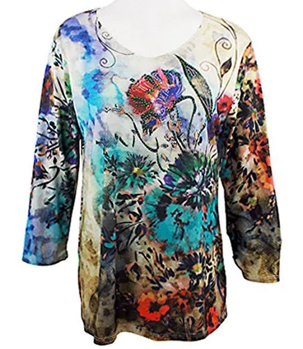 Cactus Fashion - Thursday Morn, Scoop Neck Sublimation Print Rhinestone Top